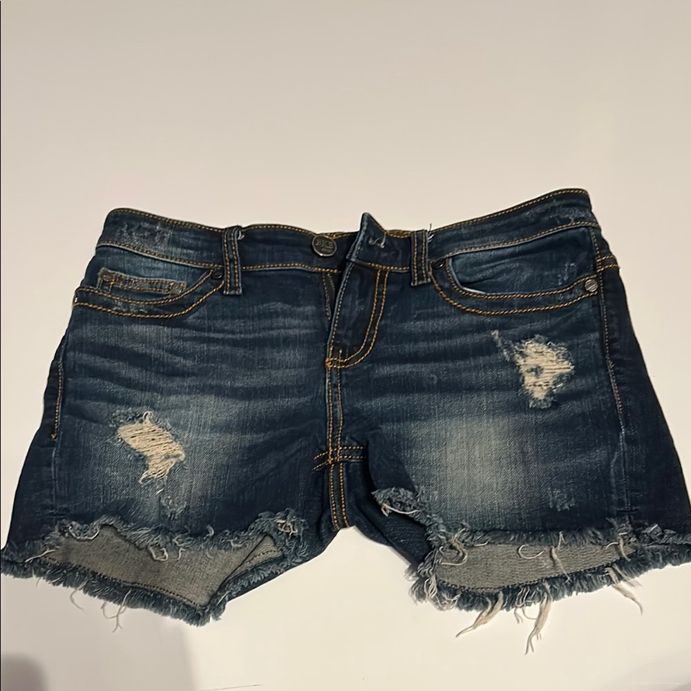 BKE Blue Distressed Jean Shorts with Frayed Hem